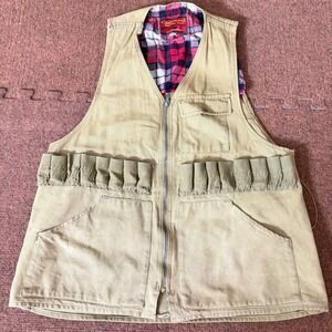 Vintage Cumberland Hunting Vest Tan Canvas Plaid Lined Shell‎ Loops Game Bag B-